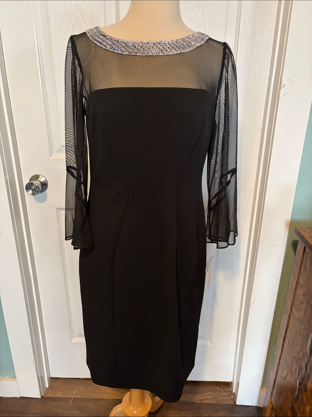 Alex Evenings Black Midi Dress with Sheer Sleeves and Beaded Neckline